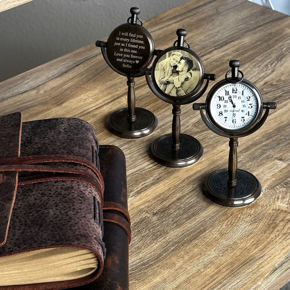 Personalized Photo Engraved Brass Table Clock - Image 1